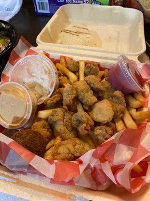 Oyster basket: fried oysters, French fries, cole slaw and cornbread