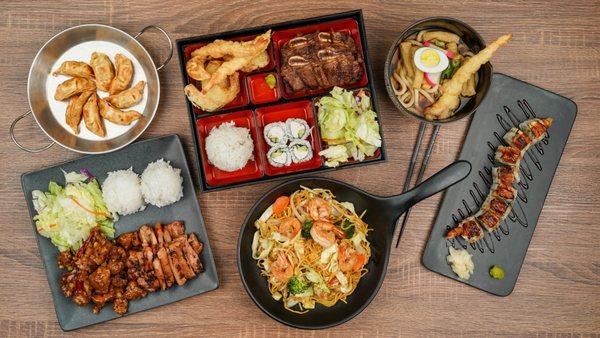 Some of our favorite menu items!!! Kalbi Bento, Spicy Chicken Teriyaki, Shrimp Yakisoba, Dragon Roll, Tempura Udon Noodle Soup, and Gyoza!!