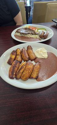 Plate 1: Platanos fritos, crema y frijol. Plate 2: Plato Ranchero