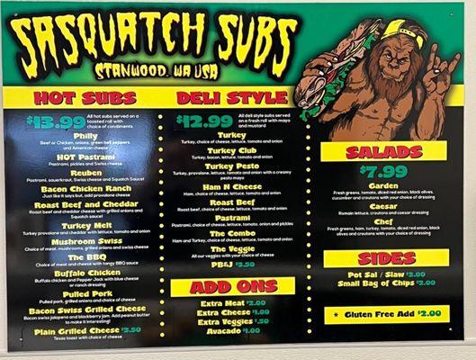 Sasquatch Subs menu as of 3/25/24