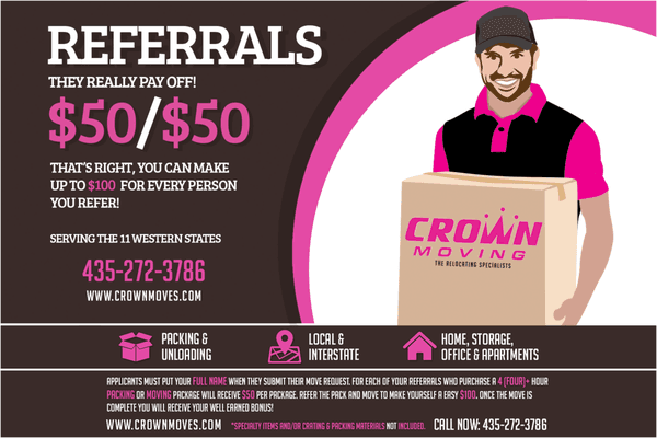 Earning $100 has never been easier! Crown Moving is St George Utah's #1 moving company!