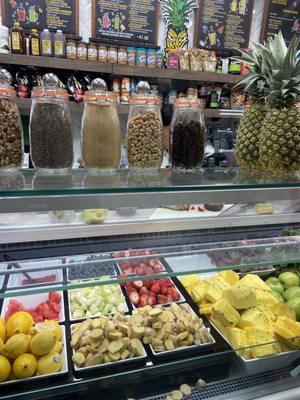 Fresh fruits and smoothie/protein shake ingredients.