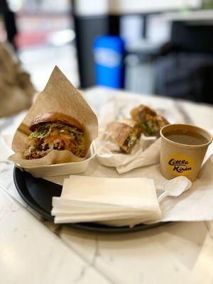 Crispy Fried Chicken Sandwich and Pho Short Rib Sandwich with Pho Broth