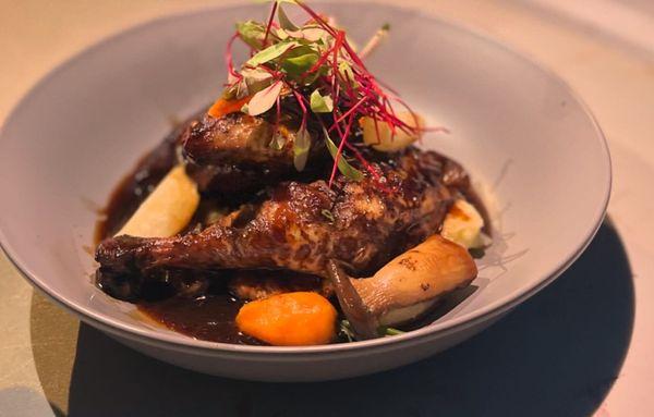 Coq au Vin - 

Roasted Whole Mary's Organic Chicken, Mushrooms, Root Vegetables, Potatoes, stewed in red wine