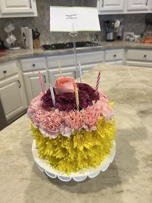 Standard birthday "cake" flowers but with colors selected based on their current availability