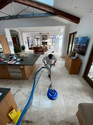 Red Rocks Carpet Cleaning & Upholstery Care restores these limestone tiles to their original condition in this lovely Evergreen home!