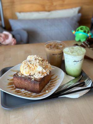 Caramel Almond Honey Toast, Black Sugar Latte w/ oat milk, & Matcha latte