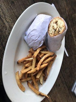 Rotisserie Chicken Sandwich with fries.  Roasted potatoes inside the sandwich served with fried potatoes?