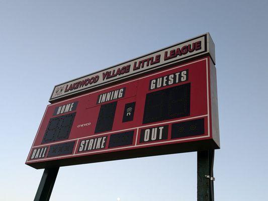 Lakewood Village Little League scoreboard