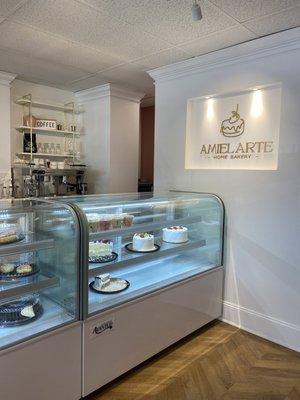 Selection of bakery items and their coffee bar in the background