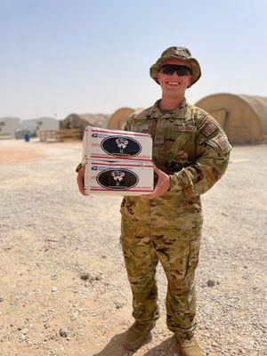 Deployed Service Member excited to receive his care packages from Soldiers' Angels.