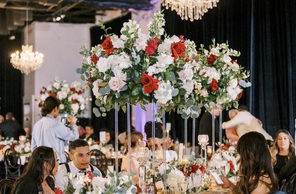 Decor, flowers, tables, chandeliers