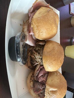 Slider trio. Ham, pork, beef. Awesome.