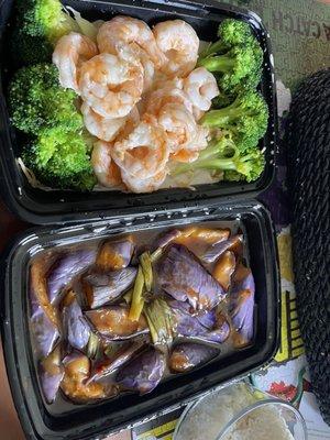 Coconut shrimp & spicy garlic eggplant