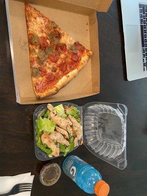 Meat lovers slice and Chinese chicken salad