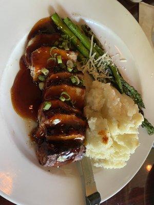 The Special. Drizzled pork with mashed potatoes and asparagus