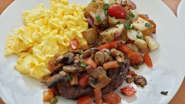 7oz New York strip, mushroom ragout, two eggs, breakfast potatoes