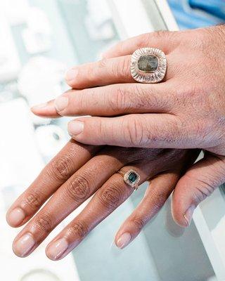 His & hers wedding ring set. Completely handmade in Oakland using recycled metals and ethically sourced gemstones.