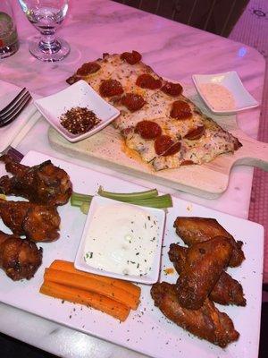 Hot wings and flatbread.