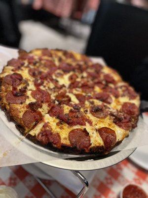 Create your own pizza. Jolly size (2-3 servings per menu) with pepperoni and bacon