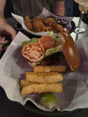 Veggie burger, yucca fries, chicken fingers