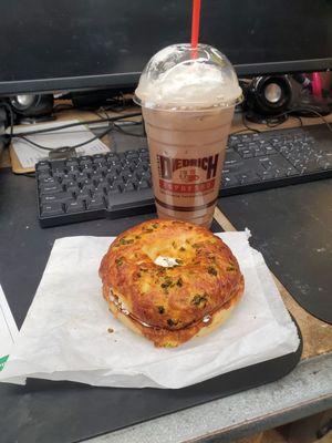 Jalapeño Bagel with Iced Mocha!