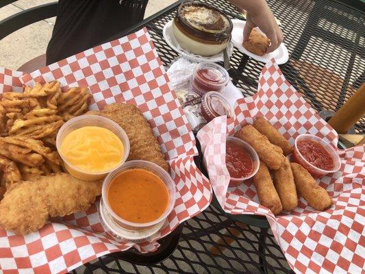 French onion soup, mozzarella sticks and chicken tenders.