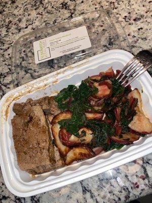 Asian turkey meatloaf. With red potatoes, spinach and hoisin sauce