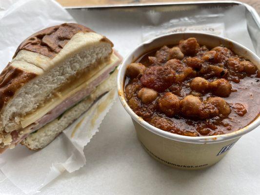 The lunch special: half ham and cheese sandwich on a pretzel bun and a cup of Italian chili.