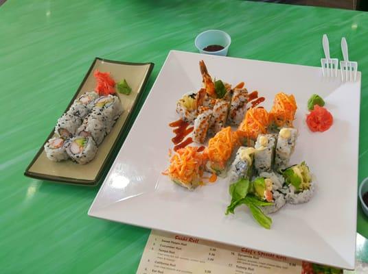 A California Roll. The big plate- Mexican Roll on the left, the Yummy Roll in the middle, and the Boston Roll on the right.