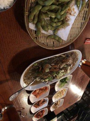 Spicy Edamame, Japchae and banchan