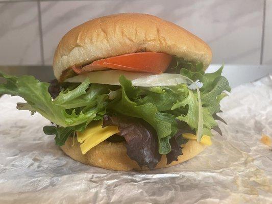 Cheeseburger with lettuce, tomato and onion