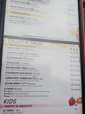 Part of the menu that has my favorite  smoothie