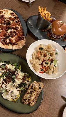 Dinner for 3! Flatbread, burger, calamari, and Caesar salad