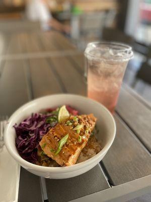 Salmon poke bowl; cannot remember the tea