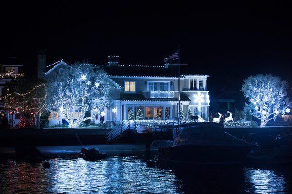 Decorated home during the Newport Beach Christmas Boat Parade