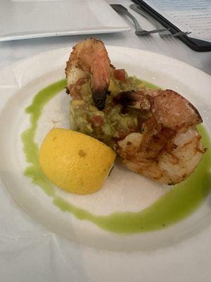 Grilled Shrimp mango avocado appetizer with a basil oil