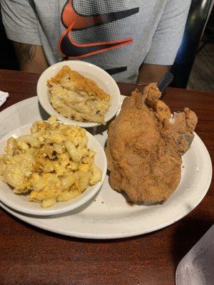 Two pieces of pork chops, Mac and cheese, hasbrown casserole, and a drink for $12. Come on!