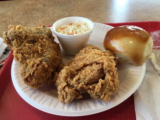 Fried chicken, Cole slaw and roll.  I did take most of the breaking off. #foodie