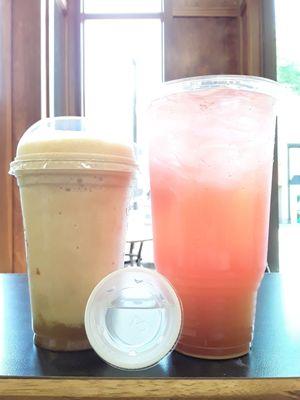 Rootbeer Float, 32oz. Strawberry Lemonade Energy Bomb, and an Aloe Shot (cranberry)