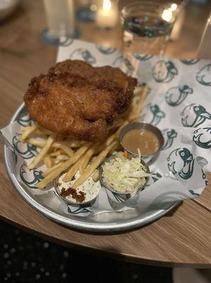 Hook and Line Fish and Chips with truffle fries, tartar sauce, French onion dip and coleslaw.