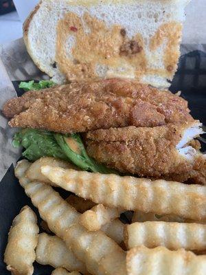 Half of the po boy and fries basket. I dug in before I remembered to take a photo