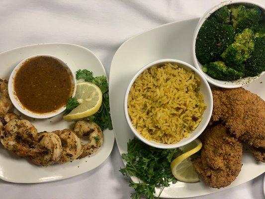 Xquisite's Catfish Dinner w/ yellow rice and broccoli and with side of shrimp