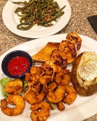 Shrimp Two Ways (Fried & Blackened) , Baked Potato, Green Beans (top tier)
 
 FMOI @dameeatsthis