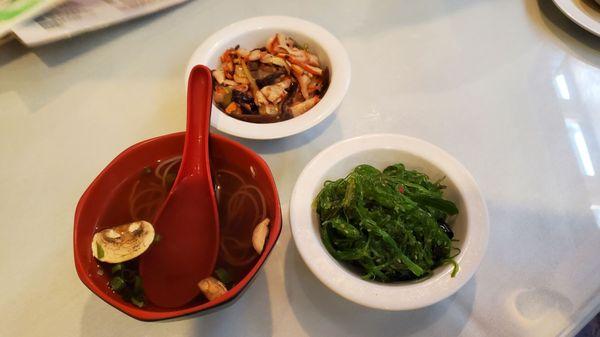 Clear Soup. Seaweed Salad, Squid Salad