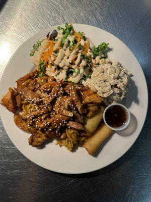 Teriyaki Chicken on Yakisoba + spring rolls