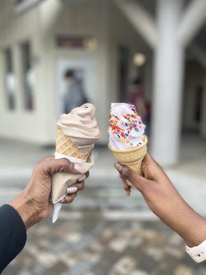 Waffle cone w/ Cookies and Cream; regular cone Birthday Cake w/ sprinkles