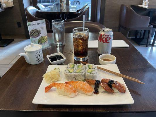 California Roll, two pieces of shrimp and two pieces of eel.