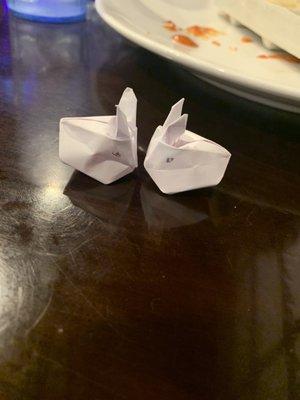 Origami rabbits the waitress made for us!