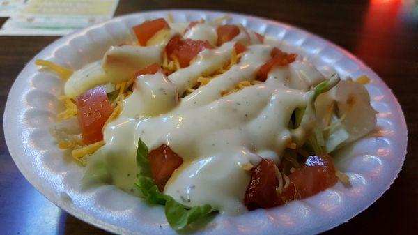 Side salad with steak dinner. I love the divey Styrofoam for a bowl!!